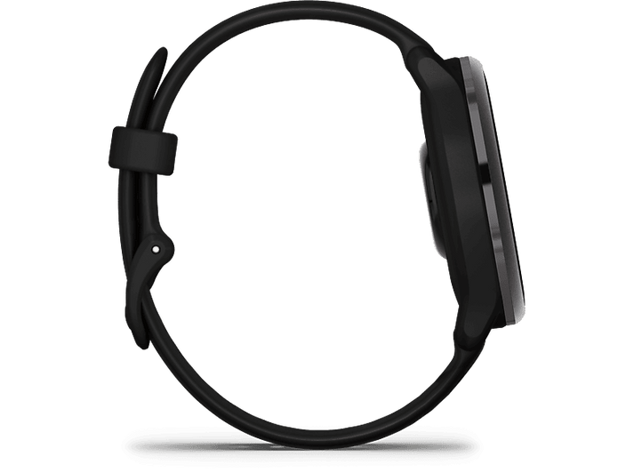 Smartwatch noire avec bracelet noir. Vue latérale montre le cadran et le bracelet.