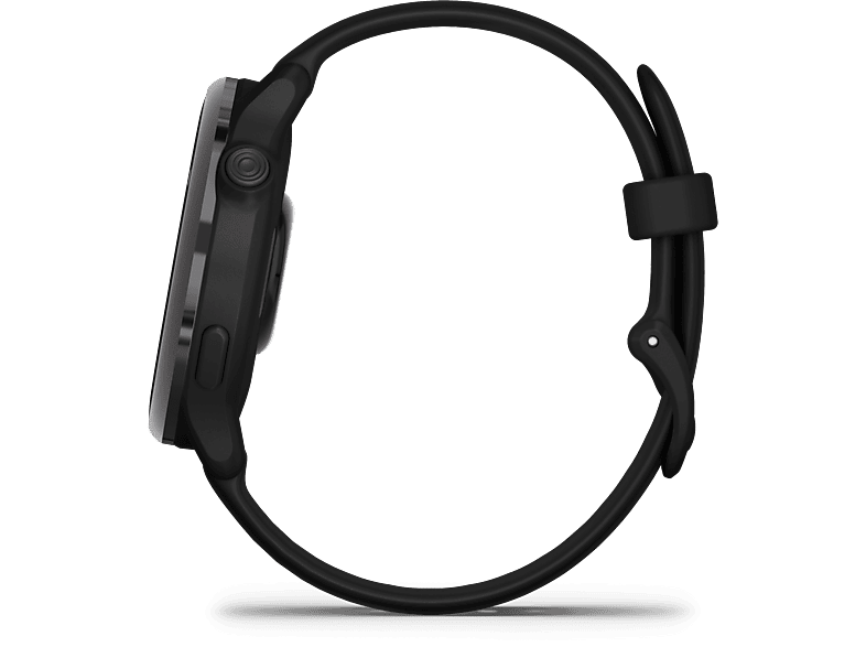 Montre intelligente noire, vue latérale, bracelet noir, lunette noire, sur fond noir.