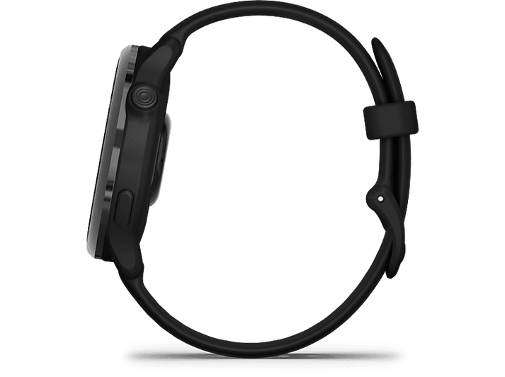 Montre intelligente noire, vue latérale, bracelet noir, lunette noire, sur fond noir.