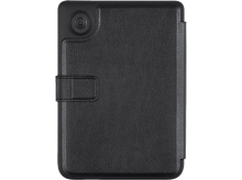 Charger l&#39;image dans la galerie, Étui de tablette en cuir noir avec icône d&#39;alimentation et fermoir, fermé.
