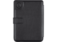 Étui de tablette en cuir noir avec icône d'alimentation et fermoir, fermé.