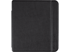 Étui noir texturé en cuir, avec un dos visible et un rabat qui se ferme sur le côté droit. L