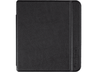 Étui noir texturé en cuir, avec un dos visible et un rabat qui se ferme sur le côté droit. L'étui est fermé.