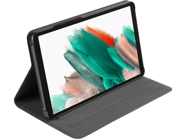 Tablette dans un étui gris. La tablette est ouverte, affichant un écran coloré.