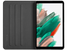 Charger l&#39;image dans la galerie, Tablette noire avec étui gris ouvert. La tablette affiche des coups de pinceau abstraits verts, oranges et blancs.
