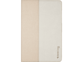 Un étui de tablette beige et blanc, fermé. Il a un devant texturé.