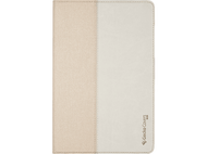 Un étui de tablette beige et blanc, fermé. Il a un devant texturé.