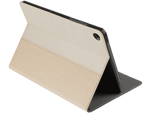 Charger l&#39;image dans la galerie, Étui de tablette, ouvert, extérieur beige et blanc, tablette noire à l&#39;intérieur.
