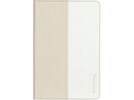 Étui pour tablette, beige et blanc. Motif beige texturé à gauche, blanc à droite.