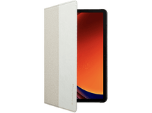 Charger l&#39;image dans la galerie, Tablette dans un étui blanc et beige, ouverte pour révéler un écran avec un dégradé rouge et noir.
