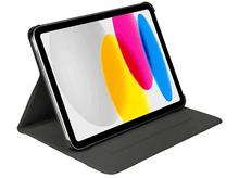 Charger l&#39;image dans la galerie, Tablette noire dans un étui gris foncé, ouverte en angle sur fond blanc. Design coloré.
