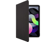 Étui de tablette noir partiellement ouvert, révélant l'écran avec un design abstrait coloré.