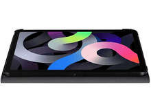 Charger l&#39;image dans la galerie, Tablette noire dans un étui. L&#39;écran affiche une image colorée. L&#39;étui est replié.
