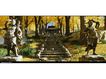 Charger l&#39;image dans la galerie, Deux statues devant un temple sur un escalier, entourées d&#39;arbres aux feuilles jaunes.
