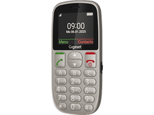 Charger l&#39;image dans la galerie, Un téléphone Gigaset argenté affichant 9h00, lun 06.01.2025. Il possède de gros boutons et un écran avec les options menu et contacts.
