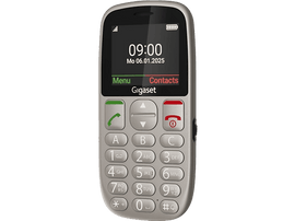 Un téléphone Gigaset argenté affichant 9h00, lun 06.01.2025. Il possède de gros boutons et un écran avec les options menu et contacts.