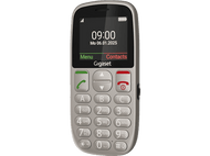 Un téléphone Gigaset argenté affichant 9h00, lun 06.01.2025. Il possède de gros boutons et un écran avec les options menu et contacts.