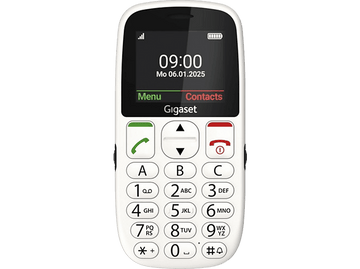Un téléphone Gigaset blanc affiche 09:00 à l'écran. Il comporte des boutons avec des chiffres et des lettres.