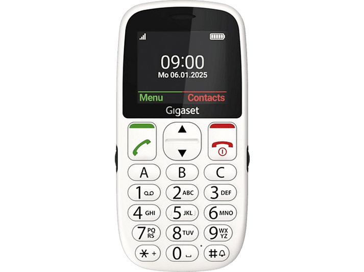 Un téléphone Gigaset blanc affiche 09:00 à l'écran. Il comporte des boutons avec des chiffres et des lettres.