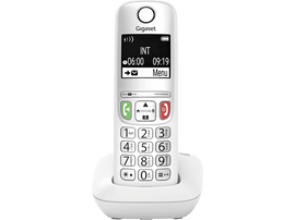 Un téléphone sans fil Gigaset blanc avec un écran affichant l