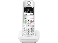 Un téléphone sans fil Gigaset blanc avec un écran affichant l'heure et les options du menu.