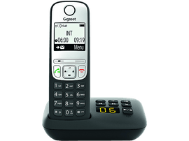 Un téléphone sans fil noir et blanc avec un affichage numérique indiquant l