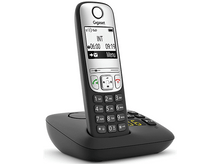 Charger l&#39;image dans la galerie, Un téléphone sans fil noir et argenté sur son socle.
