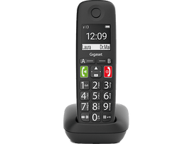 Téléphone sans fil Gigaset noir avec socle et écran affichant l