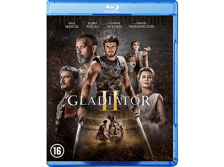 Couverture de Gladiator 2 Blu-ray : acteurs avec épées, scène d'arène, titre.