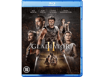 Couverture de Gladiator 2 Blu-ray : acteurs avec épées, scène d'arène, titre.