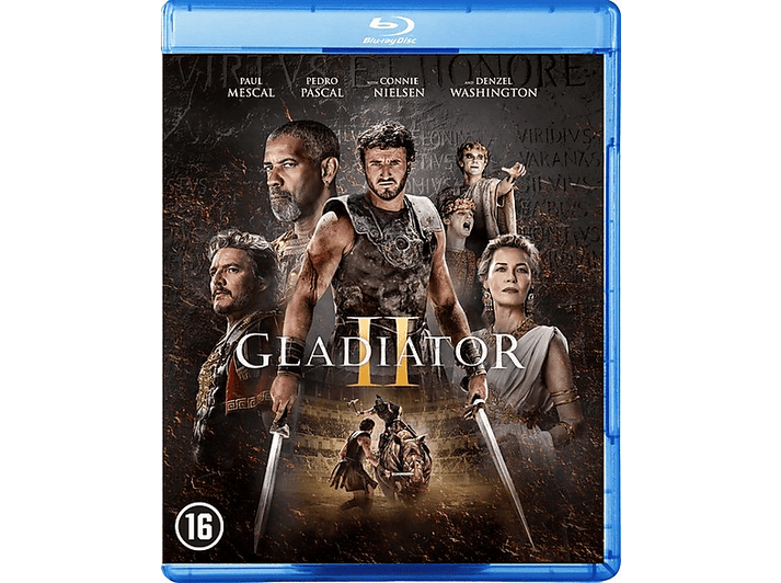 Couverture de Gladiator 2 Blu-ray : acteurs avec épées, scène d'arène, titre.