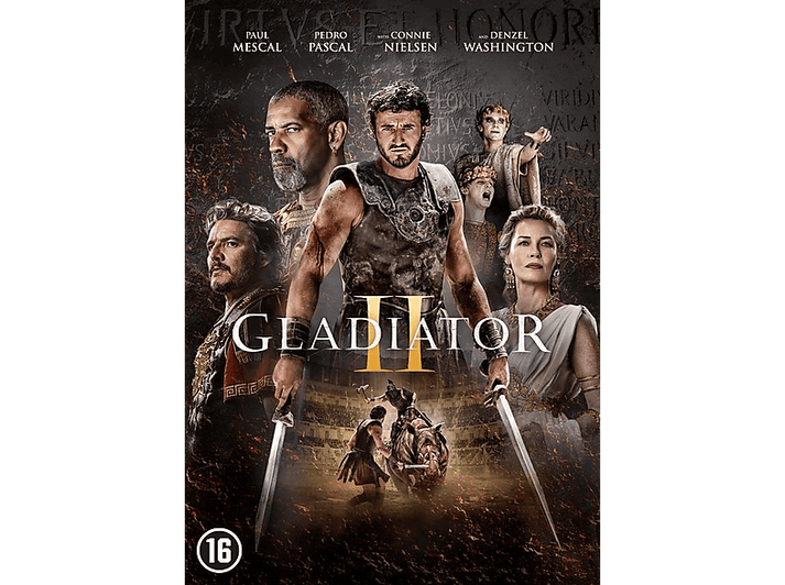 Affiche du film Gladiator II. Avec les acteurs Paul Mescal, Pedro Pascal et Denzel Washington. Cadre romain.