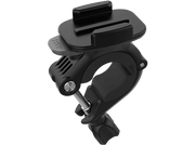 Support noir GoPro pour vélos. Il possède une pince et une plaque de fixation pour la caméra.