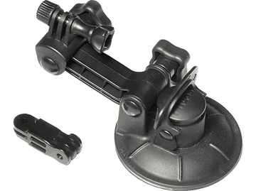 Support de caméra d'action noir avec ventouse et deux supports d'accessoires. Fond blanc.