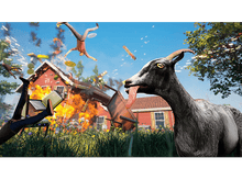 Charger l&#39;image dans la galerie, Une chèvre avec la langue dehors, une maison en feu et des gens volant dans les airs. Une chèvre est mise au point.
