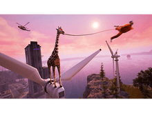 Charger l&#39;image dans la galerie, Une girafe avec des lunettes de soleil se tient sur une éolienne, tenant un homme avec sa langue.
