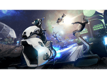 Charger l&#39;image dans la galerie, Scène de jeu futuriste avec robot, vache volante et personne sautant. Panneau Crowd Kicker.
