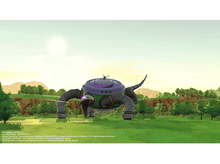 Charger l&#39;image dans la galerie, Un robot vert et violet dans un champ avec des arbres et le ciel. Le texte en bas décrit les origines du robot.
