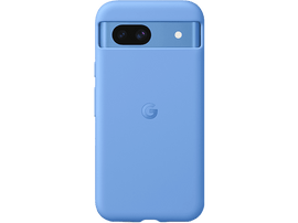 Coque de téléphone bleue. Couvre un téléphone avec deux caméras et un flash. Logo Google au dos.