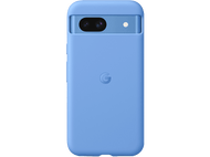 Coque de téléphone bleue. Couvre un téléphone avec deux caméras et un flash. Logo Google au dos.