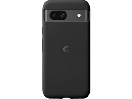 Coque de téléphone noire avec découpe caméra et logo Google sur fond noir.