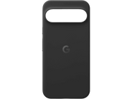 Coque de téléphone noire avec découpe pour l'appareil photo. Logo Google centré. Design simple.