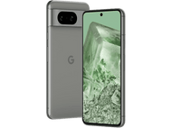 Un téléphone gris Google Pixel 7 Pro, montrant un écran vert, et sa vue arrière.
