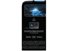 Charger l&#39;image dans la galerie, Une caméra GoPro noire, un nuage et des logos d&#39;applications mobiles. Texte sur le téléchargement vers le cloud.
