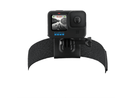 Caméra GoPro sur un bandeau. Caméra noire, affichant un écran, attachée à un bandeau noir pour le montage sur la tête.