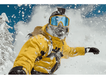 Charger l&#39;image dans la galerie, Une personne en équipement de ski jaune, portant des lunettes et couverte de neige, en pleine descente.
