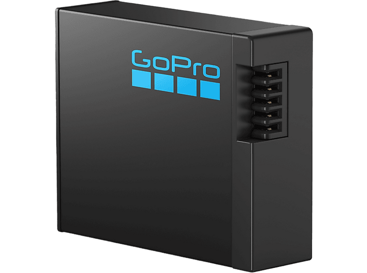Chargeur de batterie GoPro noir avec le logo GoPro bleu sur sa surface.