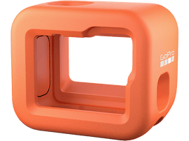 Boîtier de protection GoPro orange, rectangulaire avec ouverture claire pour la caméra.