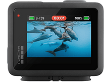 Charger l&#39;image dans la galerie, Caméra GoPro affichant des dauphins dans l&#39;eau, avec l&#39;heure et la durée de vie de la batterie visibles.
