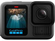 Charger l&#39;image dans la galerie, Caméra GoPro noire avec un écran affichant une grotte avec des rayons de lumière et le logo GoPro.
